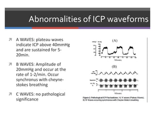 Abnormalities of ICP waveforms
 A WAVES: plateau waves
indicate ICP above 40mmHg
and are sustained for 5-
20min.
 B WAVES: Amplitude of
20mmHg and occur at the
rate of 1-2/min. Occur
synchronus with cheyne-
stokes breathing
 C WAVES: no pathological
significance
 