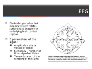 EEG
 Electrodes placed so that
mapping system relates
surface head anatomy to
underlying brain cortical
regions
 3 parameters of the
signal:
 Amplitude – size or
voltage of signal
 Frequency – number of
times signal oscillates
 Time – duration of the
sampling of the signal
 