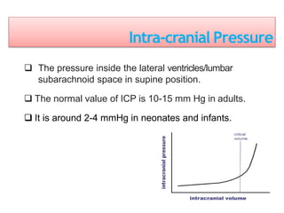 Intra-cranial Pressure
 The pressure inside the lateral ventricles/lumbar
subarachnoid space in supine position.
 The normal value of ICP is 10-15 mm Hg in adults.
 It is around 2-4 mmHg in neonates and infants.
 