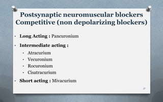 • Long Acting : Pancuronium
• Intermediate acting :
• Atracurium
• Vecuronium
• Rocuronium
• Cisatracurium
• Short acting : Mivacurium
Postsynaptic neuromuscular blockers
Competitive (non depolarizing blockers)
17
 