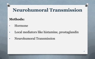 Neurohumoral Transmission
Methods:
• Hormone
• Local mediators like histamine, prostaglandin
• Neurohumoral Transmission
6
 