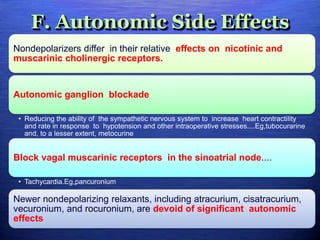 F. Autonomic Side Effects
Nondepolarizers differ in their relative effects on nicotinic and
muscarinic cholinergic receptors.
Autonomic ganglion blockade
• Reducing the ability of the sympathetic nervous system to increase heart contractility
and rate in response to hypotension and other intraoperative stresses....Eg,tubocurarine
and, to a lesser extent, metocurine
Block vagal muscarinic receptors in the sinoatrial node....
• Tachycardia.Eg,pancuronium
Newer nondepolarizing relaxants, including atracurium, cisatracurium,
vecuronium, and rocuronium, are devoid of significant autonomic
effects
 