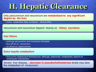 H. Hepatic Clearance
Only pancuronium and vecuronium are metabolized to any significant
degree by the liver.
• Active metabolites likely contribute... clinical effect.
Vecuronium and rocuronium depend heavily on biliary excretion.
liver failure
• prolongs pancuronium and rocuronium blockade
• less eff ect on vecuronium,
• no eff ect on pipecuronium.
Extra hepatic metabolism
• Atracurium,cisatracurium &mivacurium, although extensively metabolized, depend on
extrahepatic mechanisms
Severe liver disease....decrease in pseudocholinesterase levels may slow
the metabolism of mivacurium.
 