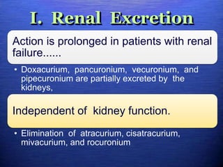 I. Renal Excretion
Action is prolonged in patients with renal
failure......
• Doxacurium, pancuronium, vecuronium, and
pipecuronium are partially excreted by the
kidneys,
Independent of kidney function.
• Elimination of atracurium, cisatracurium,
mivacurium, and rocuronium
 