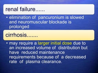 renal failure......
• elimination of pancuronium is slowed
and neuromuscular blockade is
prolonged
cirrhosis.......
• may require a larger initial dose due to
an increased volume of distribution but
have reduced maintenance
requirements because of a decreased
rate of plasma clearance.
 