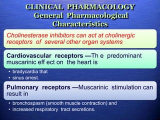 CLINICAL PHARMACOLOGY
General Pharmacological
Characteristics
Cholinesterase inhibitors can act at cholinergic
receptors of several other organ systems
Cardiovascular receptors —Th e predominant
muscarinic eff ect on the heart is
• bradycardia that
• sinus arrest.
Pulmonary receptors —Muscarinic stimulation can
result in
• bronchospasm (smooth muscle contraction) and
• increased respiratory tract secretions.
 