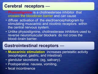 Cerebral receptors —
• Physostigmine is a cholinesterase inhibitor that
crosses the bloodbrain barrier and can cause
• diffuse activation of the electroencephalogram by
stimulating muscarinic and nicotinic receptors within
the central nervous system.
• Unlike physostigmine, cholinesterase inhibitors used to
reverse neuromuscular blockers do not cross the
blood–brain barrier.
Gastrointestinal receptors —
• Muscarinic stimulation increases peristaltic activity
(esophageal, gastric, and intestinal)
• glandular secretions (eg, salivary).
• Postoperative nausea, vomiting,
• fecal incontinence
 