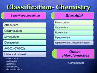 Classification- Chemistry
Benzylisoquinolinium
Atracurium
Cisatracurium
Mivacurium
Doxacurium
AV002 (CW002)
Historical interest
• tubocurarine
• metocurine
• gallamine,
• alcuronium, ,
• decamethonium
Steroidal
Pancuronium
Vecuronium
Rocuronium
Pipecuronium
rapacuronium...historical interest
Others-
chlorofumarates
Gantacurium
 