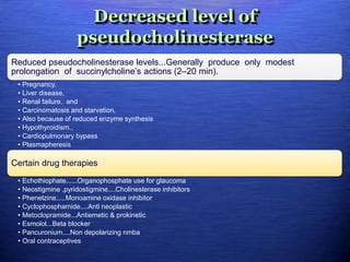 Decreased level of
pseudocholinesterase
Reduced pseudocholinesterase levels...Generally produce only modest
prolongation of succinylcholine’s actions (2–20 min).
• Pregnancy,
• Liver disease,
• Renal failure, and
• Carcinomatosis and starvation,
• Also because of reduced enzyme synthesis
• Hypothyroidism.,
• Cardiopulmonary bypass
• Plasmapheresis
Certain drug therapies
• Echothiophate......Organophosphate use for glaucoma
• Neostigmine ,pyridostigmine....Cholinesterase inhibitors
• Phenelzine.....Monoamine oxidase inhibitor
• Cyclophosphamide....Anti neoplastic
• Metoclopramide...Antiemetic & prokinetic
• Esmolol...Beta blocker
• Pancuronium....Non depolarizing nmba
• Oral contraceptives
 