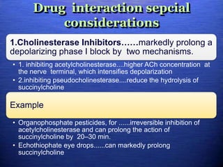 Drug interaction sepcial
considerations
1.Cholinesterase Inhibitors……markedly prolong a
depolarizing phase I block by two mechanisms.
• 1. inhibiting acetylcholinesterase....higher ACh concentration at
the nerve terminal, which intensifies depolarization
• 2.inhibiting pseudocholinesterase....reduce the hydrolysis of
succinylcholine
Example
• Organophosphate pesticides, for ......irreversible inhibition of
acetylcholinesterase and can prolong the action of
succinylcholine by 20–30 min.
• Echothiophate eye drops......can markedly prolong
succinylcholine
 
