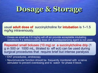 Dosage & Storage
usual adult dose of succinylcholine for intubation is 1–1.5
mg/kg intravenously.
• Doses as small as 0.5 mg/kg will oft en provide acceptable intubating
conditions if a defasciculating dose of a nondepolarizing agent is not used.
Repeated small boluses (10 mg) or a succinylcholine drip (1
g in 500 or 1000 mL, titrated to eff ect) can be used during
surgical procedures that require brief but intense paralysis
• ENT procedures...endoscopy
• Neuromuscular function should be frequently monitored with a nerve
stimulator to prevent overdosing and to watch for phase II block.
 