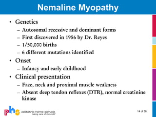 Nemaline Myopathy
• Genetics
  –   Autosomal recessive and dominant forms
  –   First discovered in 1956 by Dr. Reyes
  –   1/50,000 births
  –   6 different mutations identified
• Onset
  – Infancy and early childhood
• Clinical presentation
  – Face, neck and proximal muscle weakness
  – Absent deep tendon reflexes (DTR), normal creatinine
    kinase

                                                    14 of 56
 