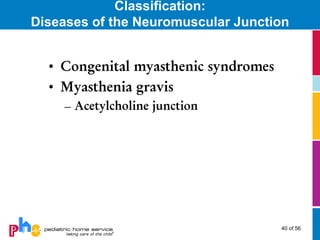 Classification:
Diseases of the Neuromuscular Junction


  • Congenital myasthenic syndromes
  • Myasthenia gravis
    – Acetylcholine junction




                                      40 of 56
 
