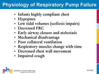 Physiology of Respiratory Pump Failure
    •   Infants highly compliant chest
    •   Hypopnea
    •   Low tidal volumes (scoliosis impairs)
    •   Decreased FRC
    •   Early airway closure and atelectasis
    •   Mechanical disadvantage
    •   Poor collateral ventilation
    •   Respiratory muscles change with time
    •   Decreased chest wall movement
    •   Impaired cough


                                                46 of 56
 