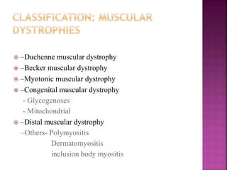  –Duchenne muscular dystrophy
 –Becker muscular dystrophy
 –Myotonic muscular dystrophy
 –Congenital muscular dystrophy
- Glycogenoses
- Mitochondrial
 –Distal muscular dystrophy
–Others- Polymyositis
Dermatomyositis
inclusion body myositis
 