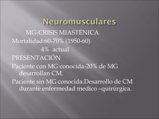 MG-CRISIS MIASTÉNICA
Mortalidad:60-70% (1950-60)
           4% actual
PRESENTACIÓN
Paciente con MG conocida-20% de MG
  desarrollan CM.
Paciente sin MG conocida.Desarrollo de CM
  durante enfermedad medico –quirúrgica.
 