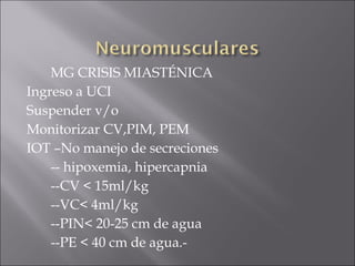 MG CRISIS MIASTÉNICA
Ingreso a UCI
Suspender v/o
Monitorizar CV,PIM, PEM
IOT –No manejo de secreciones
    -- hipoxemia, hipercapnia
    --CV < 15ml/kg
    --VC< 4ml/kg
    --PIN< 20-25 cm de agua
    --PE < 40 cm de agua.-
 