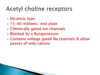  Nicotinic type
 15-40 millions/ end plate
 Chemically gated ion channals
 Blocked by a Bungarotoxin
 Contains voltage gated Na channels & allow
passes of only cations
 