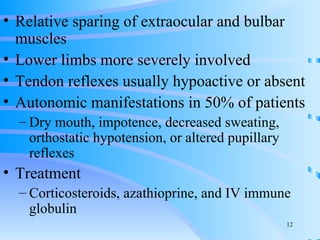 Relative sparing of extraocular and bulbar muscles Lower limbs more severely involved Tendon reflexes usually hypoactive or absent Autonomic manifestations in 50% of patients Dry mouth, impotence, decreased sweating, orthostatic hypotension, or altered pupillary reflexes Treatment Corticosteroids, azathioprine, and IV immune globulin 