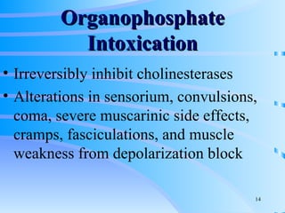 Organophosphate Intoxication Irreversibly inhibit cholinesterases Alterations in sensorium, convulsions, coma, severe muscarinic side effects, cramps, fasciculations, and muscle weakness from depolarization block 