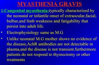 MYASTHENIA GRAVIS
2-Congenital myasthenia:typically characterized by
the neonatal or infantile onset of extraocular,facial,
bulbar,and limb weakness and fatigability that
persist into adult life.
• Electrophysiology same as M.G
• Unlike neonatal M.G mother shows no evidence of
the disease,AchR antibodies are not detectable in
plasma,and the disease is not transient.furthermore
patients do not respond to thymectomy or other
treatments
 