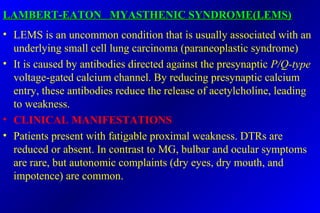 LAMBERT-EATON MYASTHENIC SYNDROME(LEMS)LAMBERT-EATON MYASTHENIC SYNDROME(LEMS)
• LEMS is an uncommon condition that is usually associated with an
underlying small cell lung carcinoma (paraneoplastic syndrome)
• It is caused by antibodies directed against the presynaptic P/Q-type
voltage-gated calcium channel. By reducing presynaptic calcium
entry, these antibodies reduce the release of acetylcholine, leading
to weakness.
• CLINICAL MANIFESTATIONS
• Patients present with fatigable proximal weakness. DTRs are
reduced or absent. In contrast to MG, bulbar and ocular symptoms
are rare, but autonomic complaints (dry eyes, dry mouth, and
impotence) are common.
 