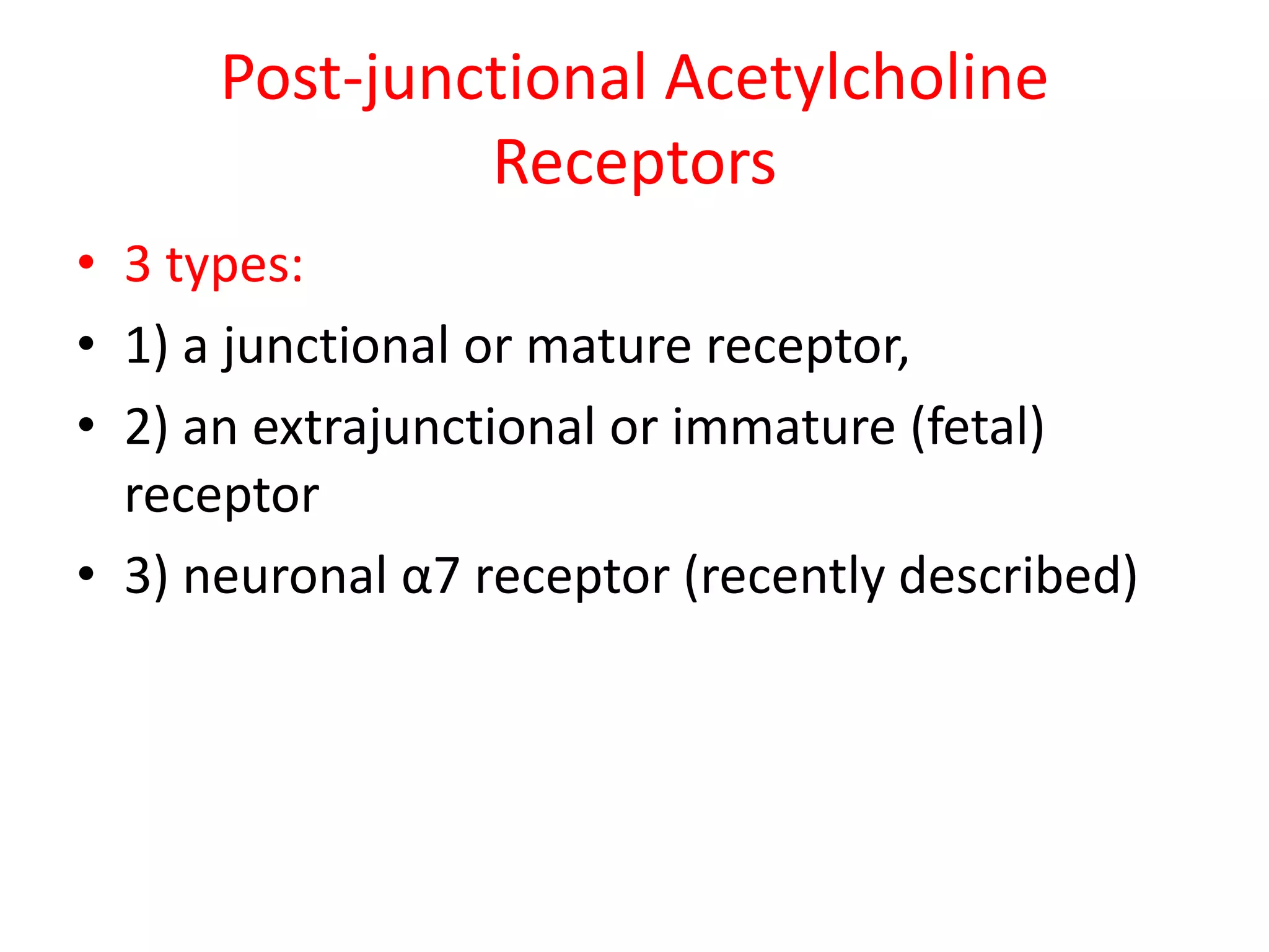Post-junctional Acetylcholine
Receptors
• 3 types:
• 1) a junctional or mature receptor,
• 2) an extrajunctional or immature (fetal)
receptor
• 3) neuronal α7 receptor (recently described)
 