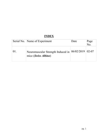 pg. 1
INDEX
Serial No. Name of Experiment Date Page
No.
01. Neuromuscular Strength Induced in
mice (Swiss Albino)
06/02/2019 02-07
 