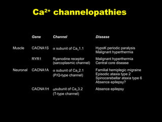 Ca2+ channelopathies
Gene

Neuronal

Disease

CACNA1S

α subunit of CaV1.1

HypoK periodic paralysis
Malignant hyperthermia

RYR1

Muscle

Channel

Ryanodine receptor
(sarcoplasmic channel)

Malignant hyperthermia
Central core disease

CACNA1A

α subunit of CaV2.1
(P/Q-type channel)

Familial hemiplegic migraine
Episodic ataxia type 2
Spinocerebellar ataxia type 6
Absence epilepsy?

CACNA1H

αsubunit of CaV3.2
(T-type channel)

Absence epilepsy

 