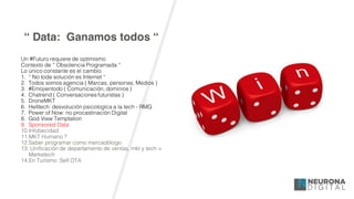 “ Data: Ganamos todos “
Un #Futuro requiere de optimismo
Contexto de “ Obsolencia Programada “
Lo único constante es el cambio
1. “ No toda solución es Internet “
2. Todos somos agencia ( Marcas, personas, Medios )
3. #Emojientodo ( Comunicación, dominios )
4. Chatrend ( Conversaciones futuristas )
5. DroneMKT
6. Helltech: desvolución psicologíca a la tech - RMG
7. Power of Now: no procastinación Digital
8. God View Temptation
9. Sponsored Data
10.Infobecidad
11.MKT Humano ?
12.Saber programar como mercadólogo
13. Unificación de departamento de ventas, mkt y tech =
Marketech
14.En Turísmo: Self OTA
 