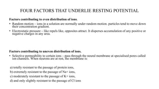 FOUR FACTORS THAT UNDERLIE RESTING POTENTIAL
Factors contributing to even distribution of ions.
• Random motion – ions in a solution are normally under random motion. particles tend to move down
their concentration gradient.
• Electrostatic pressure – like repels like, opposites attract. It disperses accumulation of any positive or
negative charges in any area.
Factors contributing to uneven distribution of ions.
• Selective permeability to certain ions – pass through the neural membrane at specialised pores called
ion channels. When neurons are at rest, the membrane is:
a) totally resistant to the passage of protein ions,
b) extremely resistant to the passage of Na+ ions,
c) moderately resistant to the passage of K+ ions,
d) and only slightly resistant to the passage of Cl ions
 