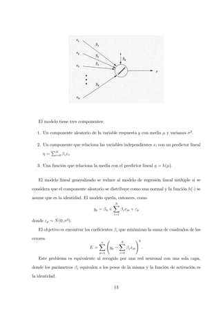 El modelo tiene tres componentes:
1. Un componente aleatorio de la variable respuesta y con media µ y varianza σ2
.
2. Un componente que relaciona las variables independientes xi con un predictor lineal
η = N
i=0 βixi.
3. Una función que relaciona la media con el predictor lineal η = h(µ).
El modelo lineal generalizado se reduce al modelo de regresión lineal múltiple si se
considera que el componente aleatorio se distribuye como una normal y la función h(·) se
asume que es la identidad. El modelo queda, entonces, como
yp = β0 +
N
i=1
βixpi + εp
donde εp ∼ N(0, σ2
).
El objetivo es encontrar los coeﬁcientes βi que minimizan la suma de cuadrados de los
errores
E =
n
p=1
yp −
N
i=0
βixpi
2
.
Este problema es equivalente al recogido por una red neuronal con una sola capa,
donde los parámetros βi equivalen a los pesos de la misma y la función de activación es
la identidad.
13
 