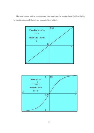 Hay dos formas básicas que cumplen esta condición: la función lineal (o identidad) y
la función sigmoidal (logística o tangente hiperbólica).
21
 