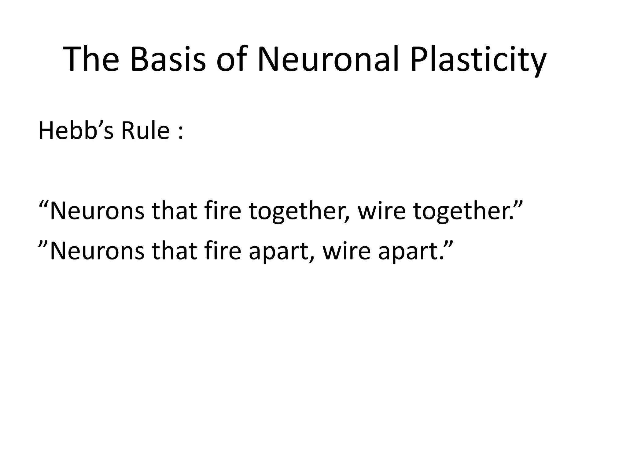 Improved attention to movement in the peripheryThe Basis of Neuronal Plasticity	Hebb’s Rule :“Neurons that fire together, wire together.””Neurons that fire apart, wire apart.”