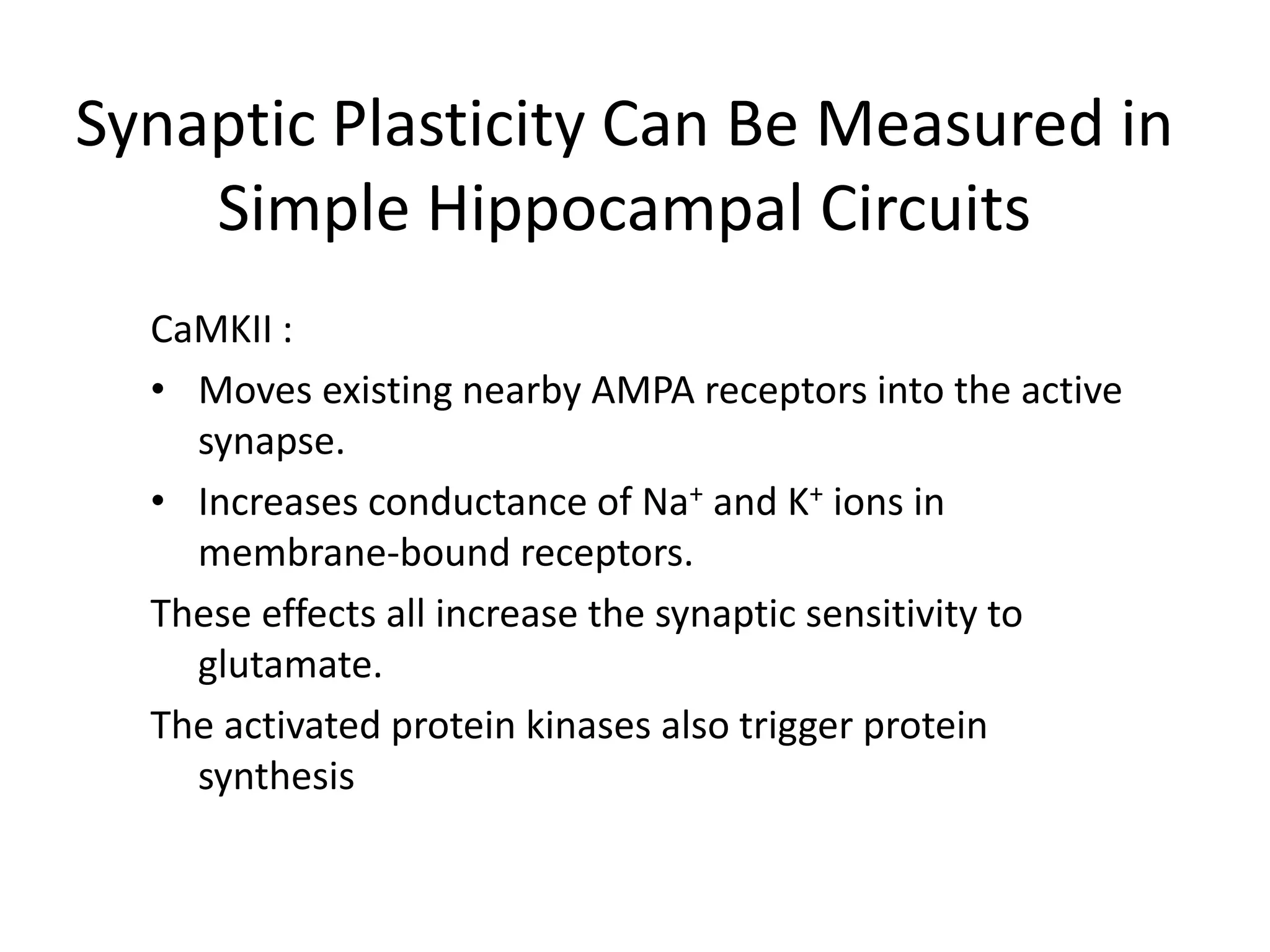   Synaptic Plasticity Can Be Measured in Simple Hippocampal CircuitsSomatic intervention experiments – pharmacological treatments that block LTP impair learning.Behavioral intervention experiments – show that training an animal in a memory task can induce LTP.