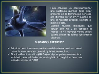 Para construir un neurotransmisor
una sustancia química debe estar
presente en la terminación nerviosa
ser liberada por un PA y cuando se
une al receptor producir siempre el
mismo efecto.
Existen muchas moléculas que
actúan con NT y se conocen al
menos 18 NT mayores varios de los
cuales actúan de forma ligeramente
distintas.
GLUTANO Y ASPARTATO
 Principal neurotransmisor excitatorio del sistema nervioso central
presente en el cerebro, cerebelo y la medula espinal.
 El acido Ganninoburitico (GABA) es el principal neurotransmisor
inhibitorio cerebral deriva del acido glutámico la glicina tiene una
actividad similar al GABA.
 