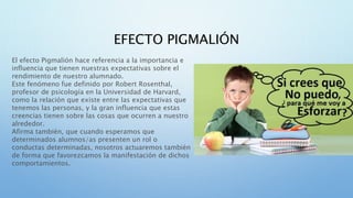 EFECTO PIGMALIÓN
El efecto Pigmalión hace referencia a la importancia e
influencia que tienen nuestras expectativas sobre ...