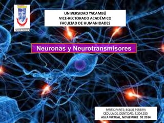 UNIVERSIDAD YACAMBÚ
VICE-RECTORADO ACADÉMICO
FACULTAD DE HUMANIDADES
Neuronas y Neurotransmisores
PARTICIPANTE: BELKIS PEREIRA
CÉDULA DE IDENTIDAD: 7.304.355
AULA VIRTUAL, NOVIEMBRE DE 2014
 
