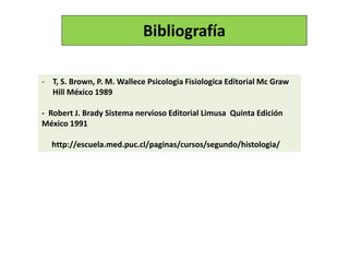 Bibliografía
- T, S. Brown, P. M. Wallece Psicologia Fisiologica Editorial Mc Graw
Hill México 1989
- Robert J. Brady Sistema nervioso Editorial Limusa Quinta Edición
México 1991
http://escuela.med.puc.cl/paginas/cursos/segundo/histologia/
 
