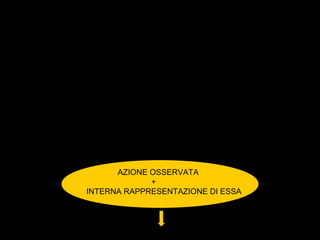 5
 LA PIU’ INTERESSANTE PROPRIETA’ DEI M.N.: una buona
congruenza tra le AZIONI OSSERVATE e quelle ESEGUITE nella
loro attivazione
 IPOTESI DERIVANTE: i M.N., dalla combinazione dell’azione
osservata con quella eseguita, permettono la comprensione delle
azioni prodotte dagli altri
 CAPACITA’ DERIVANTE: riconoscimento di
1) MODELLI MOTORI OSSERVATI
2) META INTENZIONALE DELL’ AZIONE OSSERVATA
 Siamo in grado di comprendere la meta dell’azione eseguita da un
altro perché vi è una combinazione di:
AZIONE OSSERVATA
+
INTERNA RAPPRESENTAZIONE DI ESSA
dotata della conoscenza della meta
 