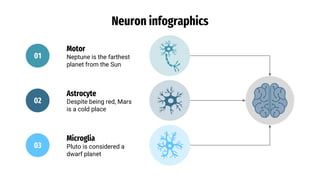 Neuron infographics
Motor
Neptune is the farthest
planet from the Sun
Astrocyte
Despite being red, Mars
is a cold place
Microglia
Pluto is considered a
dwarf planet
01
02
03
 
