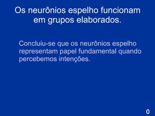 Os neurônios espelho funcionam em grupos elaborados. C oncluiu-se que os neurônios espelho representam papel fundamental quando percebemos intenções.  