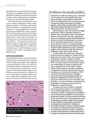 N E U R O B I O L O G I A


                           seja, deficiência no processo de síntese, transpor-
                           te e ligação com receptores de serotonina. Níveis                        Problema de saúde pública
                           baixos dessa substância neuroquímica estão rela-                          No Brasil há em média 24 suicídios por dia, o equivalente
                           cionados a sintomas depressivos, que são fatores                          a 9 mil mortes por ano. Uma estatística alta, já que a
                           de risco para o suicídio (veja quadro ao lado).                           aids, por exemplo, é causa de pouco mais de 10 mil
                               Mais recentemente, pesquisadores come-                                óbitos. Ao contrário do que ocorre na maioria dos países,
                           çaram a analisar se alterações em áreas neurais                           o número de suicídios juvenis supera o de adultos,
                           ligadas à empatia e à interação social podiam                             segundo o relatório Mapa da violência/2011, elaborado
                           estar relacionadas ao comportamento suicida.                              pelo Instituto Sangari e pelo Ministério da Justiça; e os
                                                                                                     índices cresceram 17% nos últimos dez anos.
                           Estudos com neuroimageamento mostraram
                                                                                                         Apesar dos dados, o país não investe em estratégias
                           que pessoas com Alzheimer e autismo apresen-
                                                                                                     de prevenção. “Não há campanhas veiculadas na
                           tam menor ativação das áreas do córtex cingula-                           televisão, como as que alertam sobre a transmissão de
                           do anterior e do córtex frontoinsular. Essas duas                         doenças. O assunto é tido como tabu, e quando uma
                           regiões são as únicas onde é encontrado um                                pessoa é encaminhada ao sistema de saúde público por
                           tipo especial de neurônio fusiforme de função                             tentativa de suicídio ela é liberada após se recuperar.
                           desconhecida – os neurônios de Von Economo                                Um em cada quatro pacientes tenta se matar outra
                           (VENs, na sigla em inglês). Agora, pesquisado-                            vez em menos de um ano”, diz o psiquiatra Antônio
                           res da Universidade de Bochum, na Alemanha,                               Geraldo da Silva, presidente da Associação Brasileira de
                           constataram que o cérebro de pessoas que se                               Psiquiatria (ABP), ressaltando que, entre a população
                           suicidaram tinha maiores quantidades dessas                               indígena, há 20 suicídios para cada 100 mil mortes, o
                           células neurais.                                                          equivalente a quatro vezes a média nacional.
                                                                                                         Os altos índices de suicídio entre a população
                                                                                                     economicamente ativa podem ter impactos sociais a
                           MAPA DAS EMOÇÕES                                                          longo prazo. Para cada suicídio, cinco a dez pessoas,
                           Uma das hipóteses é que os neurônios fusifor-                             entre parentes, vizinhos e colegas de trabalho,
                           mes fornecem a interconexão entre as áreas do                             desenvolvem transtorno de estresse pós-traumático
                           cérebro ativadas pelo contato social. Segundo                             (TEPT), o que gera afastamento do trabalho e gastos
                           o neurocientista John Allman, do Instituto de                             com medicamentos e favorece os fatores de risco
                           Tecnologia da Califórnia, eles podem funcionar                            para o comportamento suicida. Suécia, Estados
                           como rastreadores de experiências sociais,                                Unidos, Irlanda e Japão, por exemplo, consideram
                           proporcionando a base da aprendizagem social                              o comportamento suicida urgência médica. No país
                           intuitiva quando observamos e copiamos os                                 escandinavo, as mortes foram reduzidas em 39,5%
                           outros. Essas células, analisadas pela primeira                           nas últimas duas décadas graças a estratégias
                           vez em 1925 pelo neurologista romeno Cons-                                como tratamento de pessoas diagnosticadas com
                                                                                                     depressão e dependentes de álcool, restrição ao
                           tantin von Economo, são encontradas apenas
                                                                                                     acesso dos métodos mais comuns de suicídio, como
                                                                                                     pesticidas, e, no caso de tentativa, acompanhamento
nephron/creative commons




                                                                                                     de psicólogos e assistentes sociais por meio de
                                                                                                     telefonemas e visitas domiciliares.
                                                                                                         Os sintomas de risco de suicídio se confundem
                                                                                                     com os de transtornos de humor. A comorbidade é
                                                                                                     de mais de 90%. Segundo Silva, o principal indício é
                                                                                                     uma primeira tentativa. “Ela geralmente é precedida de
                                                                                                     outros comportamentos autolesivos e da expressão de
                                                                                                     pensamentos suicidas”, diz. Estes costumam ser fatores
                                                                                                     de risco, que podem tomar maiores proporções em caso
                                                                                                     de desemprego, separação conjugal e anomia (estado
                                                                                                     de falta de objetivos e expectativas). Pesquisadores
                                                                                                     do Laboratório de Saúde Mental e Medicina da
                                                                                                     Universidade Estadual de Campinas (LSMM-Unicamp),
                                                                                                     em parceria com o Ministério da Saúde, elaboraram
                            Circuito do sofrimento: há maior número de neurônios
                            fusiformes em áreas ligadas à percepção de exclusão social e à           uma cartilha de prevenção direcionada a profissionais
                            autodepreciação, como o córtex cingulado anterior e a ínsula anterior    da saúde mental, disponível no endereço http://bvsms.
                                                                                                     saude.gov.br/bvs/publicacoes/manual_editoracao.pdf.

                           58   l mentecérebro l março 2012
 