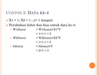 CONTOH 2; DATA KE-4
 X1 = 1; X2 = 1 ; y= 1 (target)
 Perubahan bobot dan bias untuk data ke-4:
 W1(baru) = W1(lama)+X1*Y
= 1+1.1 = 2
 W2(baru) = W2(lama)+X2*Y
= 1+1.1 = 2
 b(baru) = b(lama)+Y
= 2+1 = 3
 