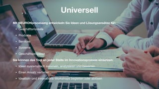 Universell
Mit NEURONprocessing entwickeln Sie Ideen und Lösungsansätze für:
• Geschäftsmodelle

• Produkte

• Services

• Systeme

• Geschäftsprozesse

Sie können das Tool an jeder Stelle im Innovationsprozess einsetzen:
• Ideen systematisch sammeln, analysieren und bewerten

• Einen Ansatz vertiefen

• Ideation- und Innovations-Workshops begleiten oder ablösen
 