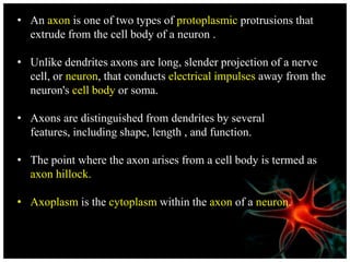 • An axon is one of two types of protoplasmic protrusions that
extrude from the cell body of a neuron .
• Unlike dendrites axons are long, slender projection of a nerve
cell, or neuron, that conducts electrical impulses away from the
neuron's cell body or soma.
• Axons are distinguished from dendrites by several
features, including shape, length , and function.
• The point where the axon arises from a cell body is termed as
axon hillock.
• Axoplasm is the cytoplasm within the axon of a neuron.
 