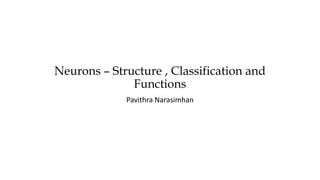 Neurons – Structure , Classification and
Functions
Pavithra Narasimhan
 