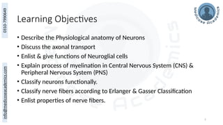 2
Learning Objectives
• Describe the Physiological anatomy of Neurons
• Discuss the axonal transport
• Enlist & give functions of Neuroglial cells
• Explain process of myelination in Central Nervous System (CNS) &
Peripheral Nervous System (PNS)
• Classify neurons functionally.
• Classify nerve fibers according to Erlanger & Gasser Classification
• Enlist properties of nerve fibers.
 