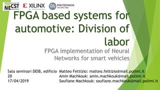 FPGA based systems for
automotive: Division of
labor
FPGA implementation of Neural
Networks for smart vehicles
Matteo Fettizio: matteo.fettizio@mail.polimi.it
Amin Machkouk: amin.machkouk@mail.polimi.it
Soufiane Machkouk: soufiane.machkouk@mail.polimi.it
Sala seminari DEIB, edificio
20
17/04/2019
 