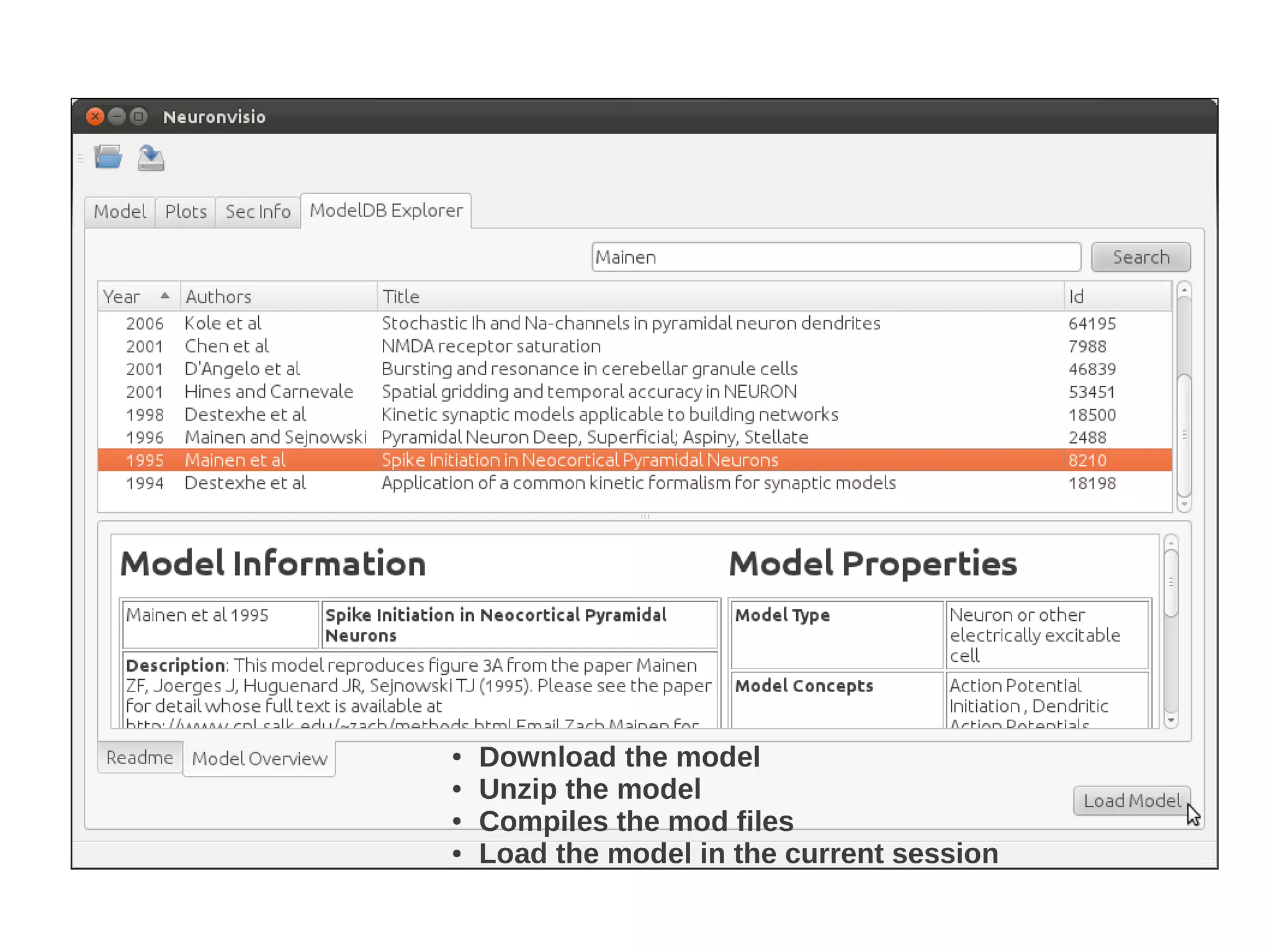 ●   Download the model
●   Unzip the model
●   Compiles the mod files
●   Load the model in the current session
 